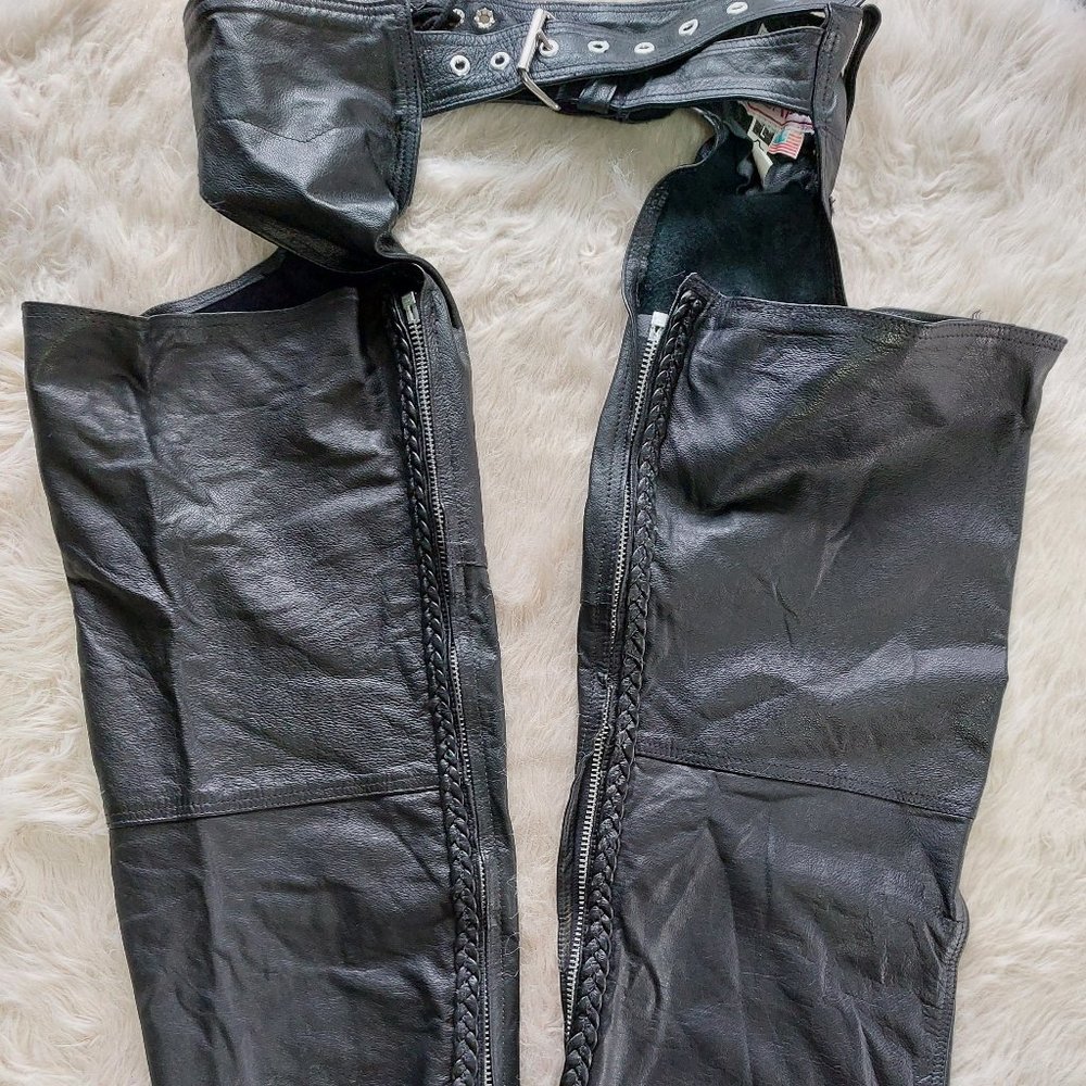 Vintage Addis Men's Black Motorcycle Leather Riding Chap Size L